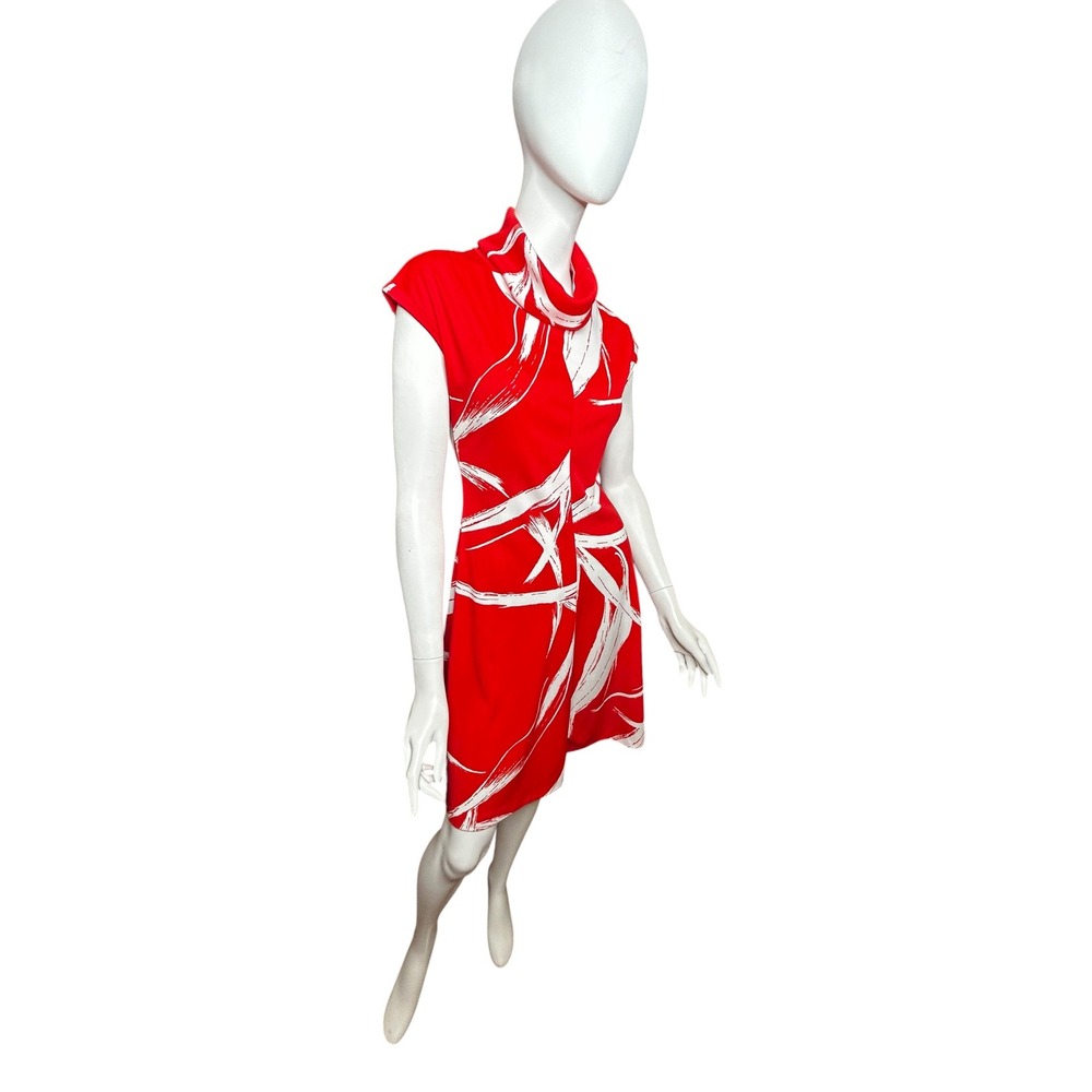 Vintage 70s Dress Red Abstract Cowl Neck Small